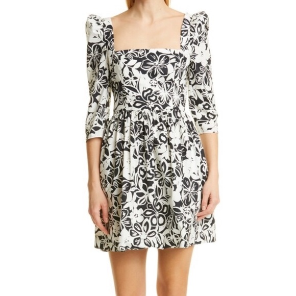 Cara‎ Cara Hart Floral Print Black & White Half Sleeve A-Line Mini Dress Sz 4 - Picture 1 of 13